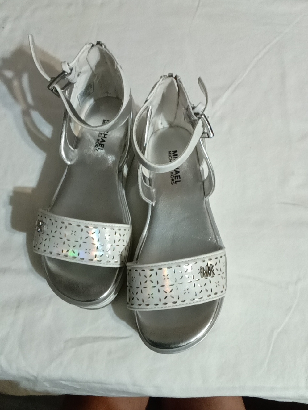 Michael Kors White Iridescent Girls' Ankle Strap Sandals